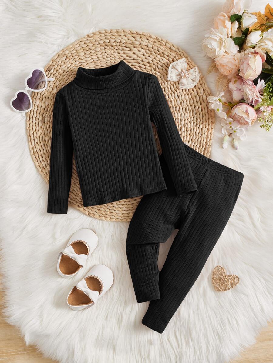 SHEIN Baby Girl Turtleneck Ribbed Knit Tee & Leggings - Black - View 1