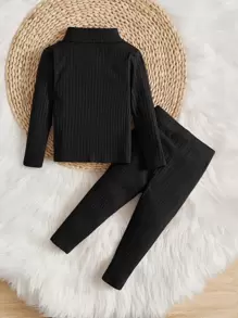 SHEIN Baby Girl Turtleneck Ribbed Knit Tee & Leggings - Black - View 2