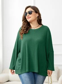 DEARCASE Camiseta tejido waffle de hombros caídos con parche de bolsillo - Verde - Ver 1