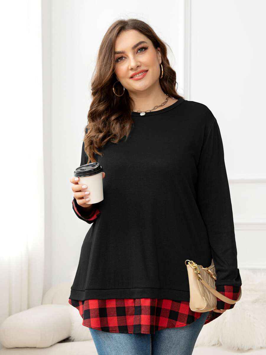 DEARCASE Plus Buffalo Plaid Print Drop Shoulder Tee - Black - View 1