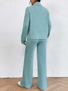 SHEIN Essnce Turtleneck Drop Shoulder Tee & Trousers - Blue - View 2