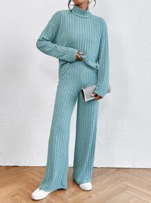 SHEIN Essnce Turtleneck Drop Shoulder Tee & Trousers - Blue - View 4