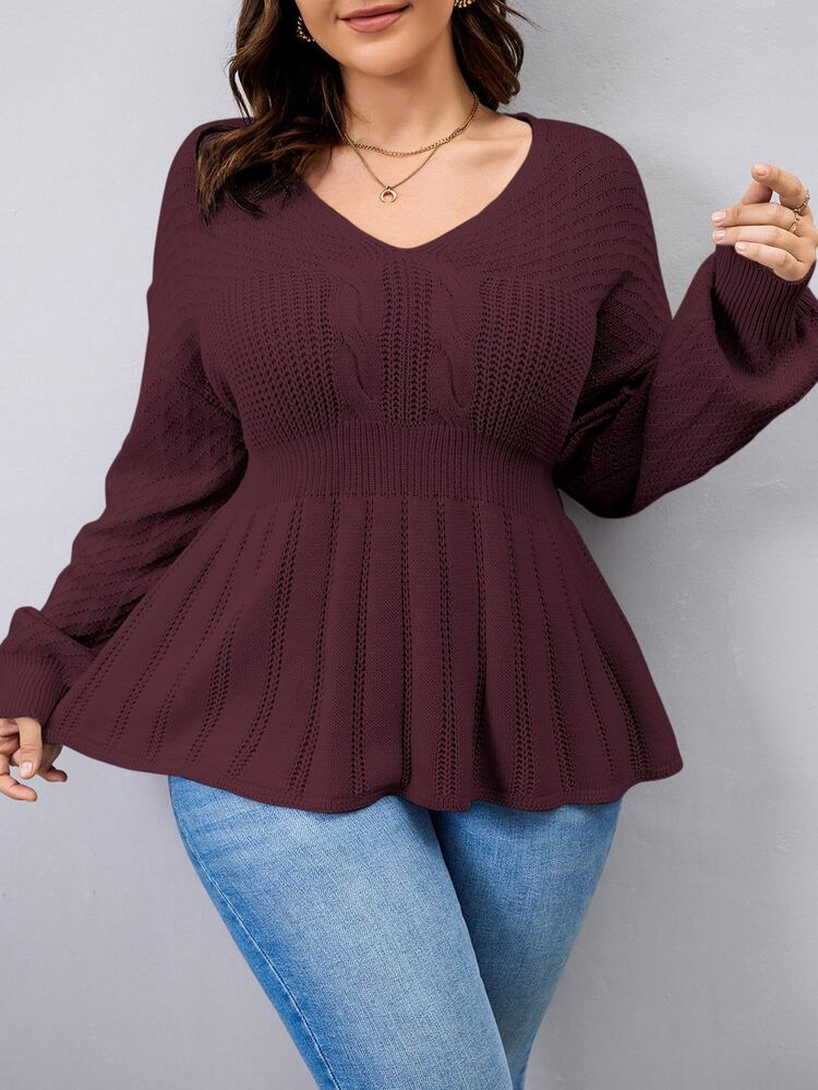 Plus Peplum Hem Cable Knit Sweater, For Winter Knit Pullover Fall Autumn