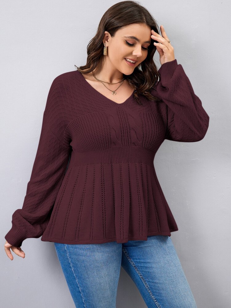 Plus Peplum Hem Cable Knit Sweater, For Winter Knit Pullover Fall Autumn