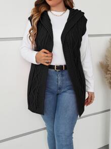 Flirla Plus Cable Knit Hooded Duster Cardigan Winter Fall Autumn - Black - View 1