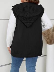 Flirla Plus Cable Knit Hooded Duster Cardigan Winter Fall Autumn - Black - View 2
