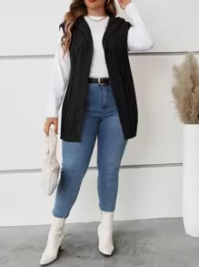 Flirla Plus Cable Knit Hooded Duster Cardigan Winter Fall Autumn - Black - View 3