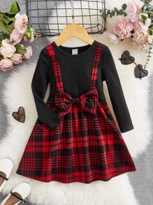 SHEIN Toddler Girls Plaid Print Bow Front 2 In 1 Dress - Red - View 1