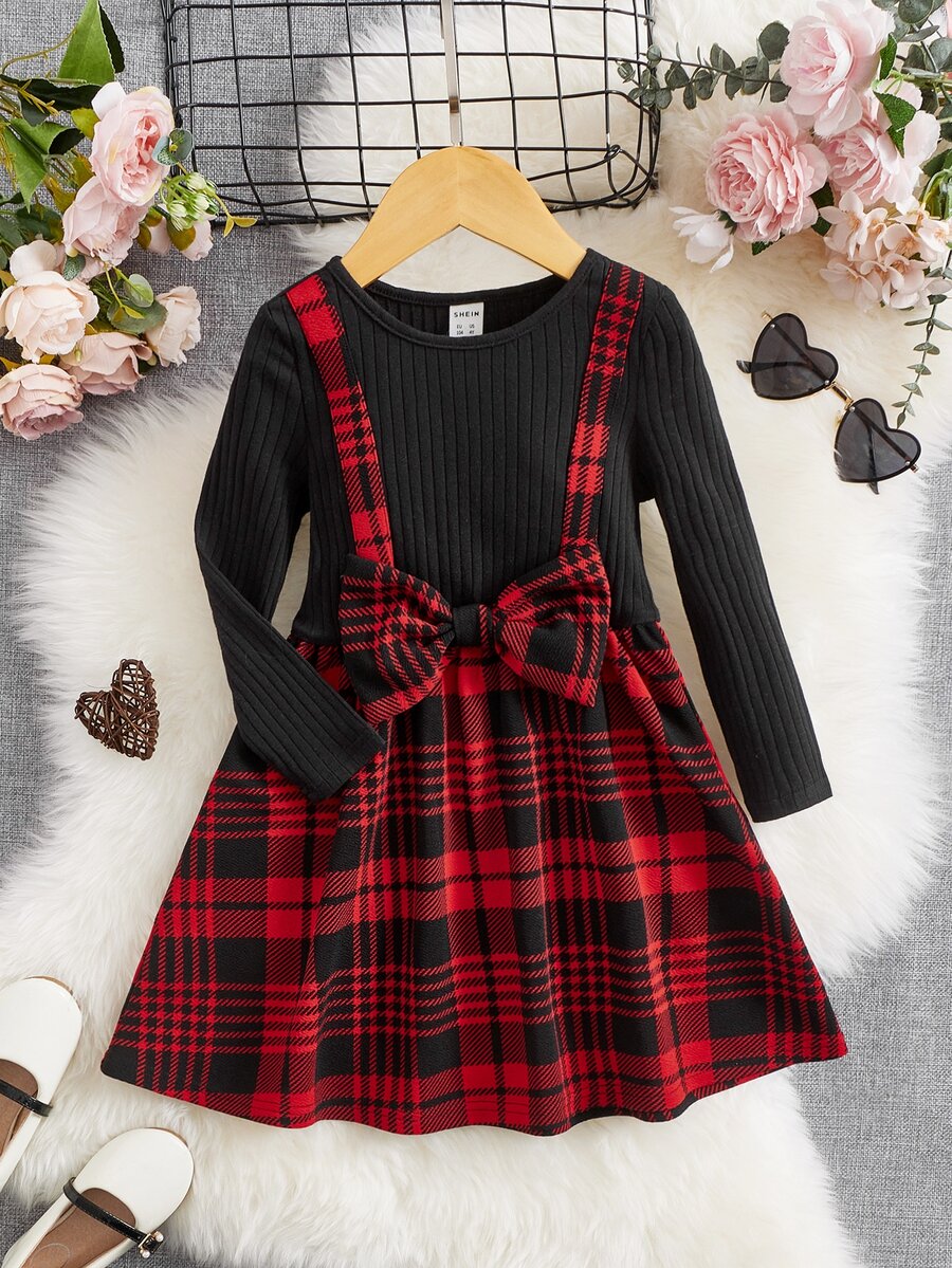 SHEIN Toddler Girls Plaid Print Bow Front 2 In 1 Dress - Red - View 1