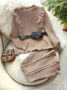 SHEIN Chicas Pantalones con top ribete con fruncido tejido de cable sin bolso - Albaricoque - Ver 1