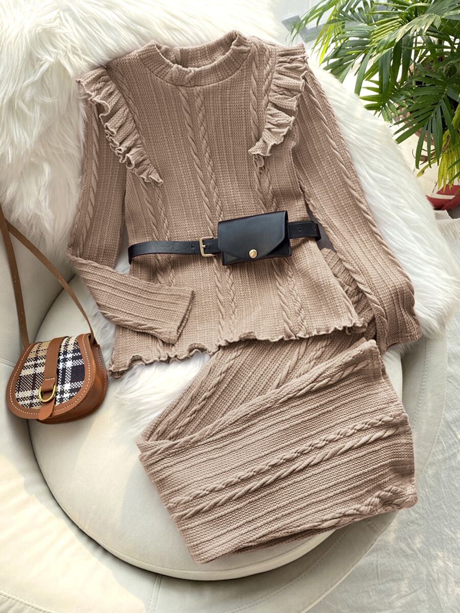 SHEIN Chicas Pantalones con top ribete con fruncido tejido de cable sin bolso - Albaricoque - Ver 1