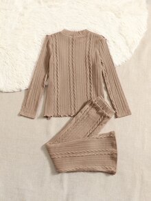 SHEIN Chicas Pantalones con top ribete con fruncido tejido de cable sin bolso - Albaricoque - Ver 2