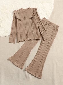 SHEIN Chicas Pantalones con top ribete con fruncido tejido de cable sin bolso - Albaricoque - Ver 4