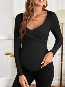 SHEIN Maternity Cross Wrap Sweetheart Neck Tee - Black - View 4