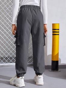 SHEIN Tween 女童纯色带扣带盖口袋工装裤