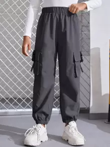 SHEIN Tween 女童纯色带扣带盖口袋工装裤