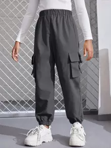 SHEIN Tween 女童纯色带扣带盖口袋工装裤