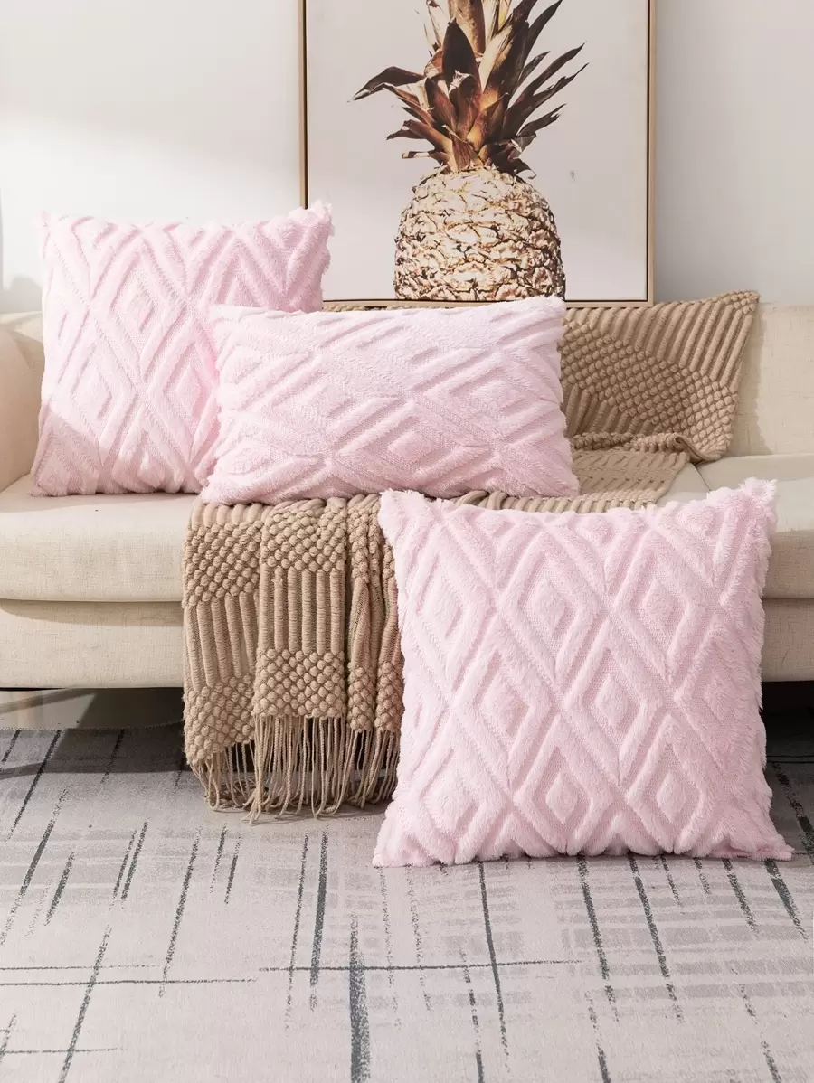 1pc Geometric Texture Throw Pillow Case, Soft Plush Cushion Cover Without Filler For Sofa Bedroom - Baby Pink - View 1