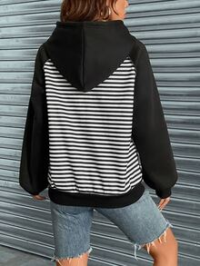 條紋圖案插肩袖抽繩連帽衫 - 黑色 - 查看 2