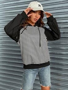 條紋圖案插肩袖抽繩連帽衫 - 黑色 - 查看 3
