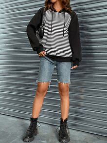 條紋圖案插肩袖抽繩連帽衫 - 黑色 - 查看 4