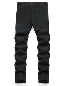 Men Cartoon & Letter Patched Ripped Jeans - Black - View 2