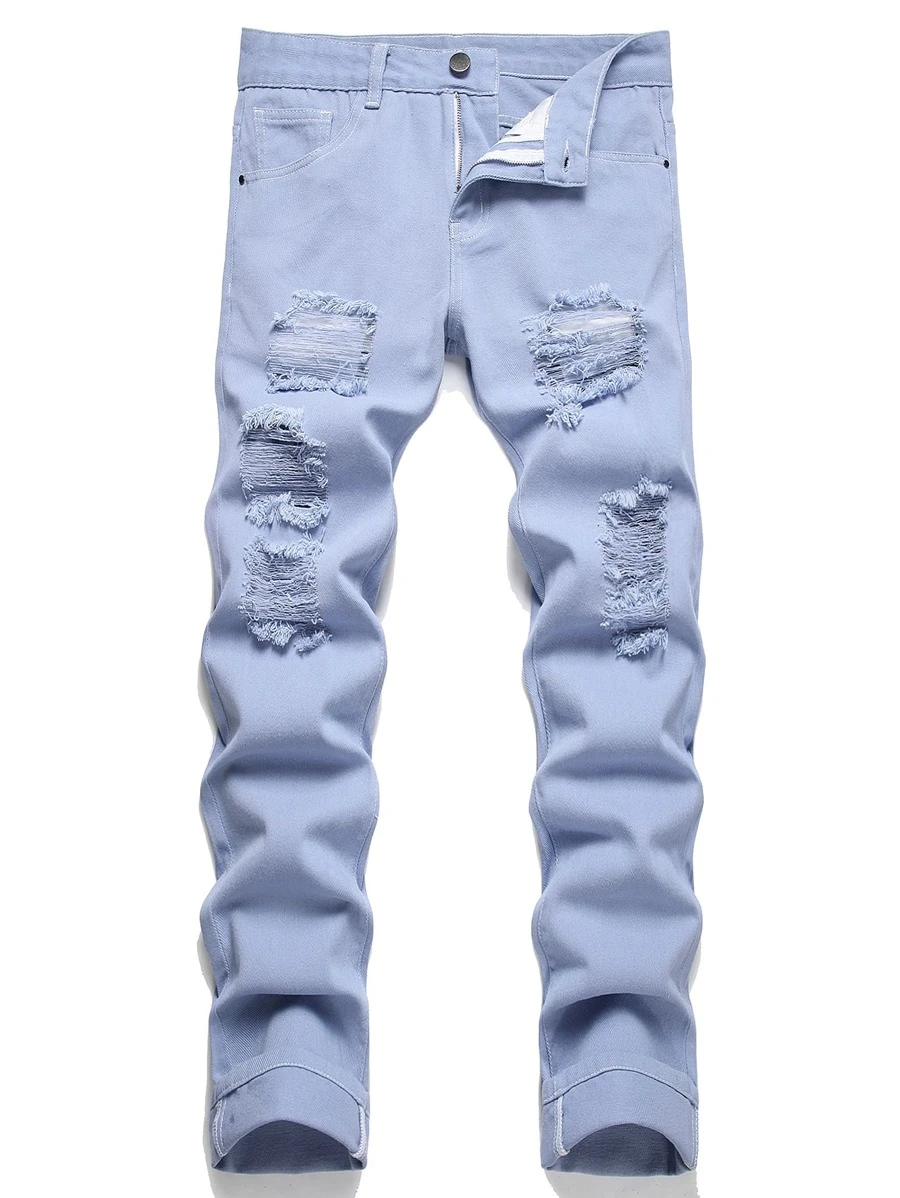 Men Ripped Slim Straight Jeans - Light Wash - View 1