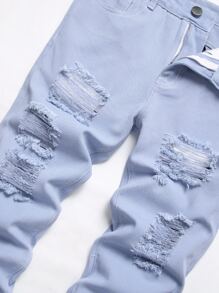 Men Ripped Slim Straight Jeans - Light Wash - View 6