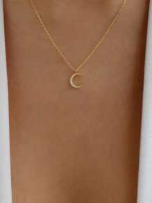 Rhinestone Moon Pendant Necklace - Yellow Gold - View 1