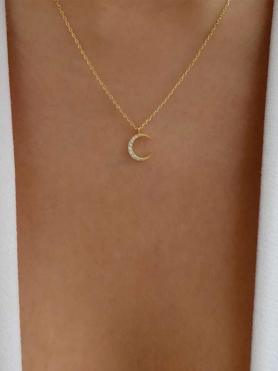 Rhinestone Moon Pendant Necklace - Yellow Gold - View 1