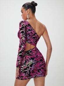 SHEIN BAE Vestido ajustado de un hombro con abertura con lentejuelas - Multicolor - Ver 2