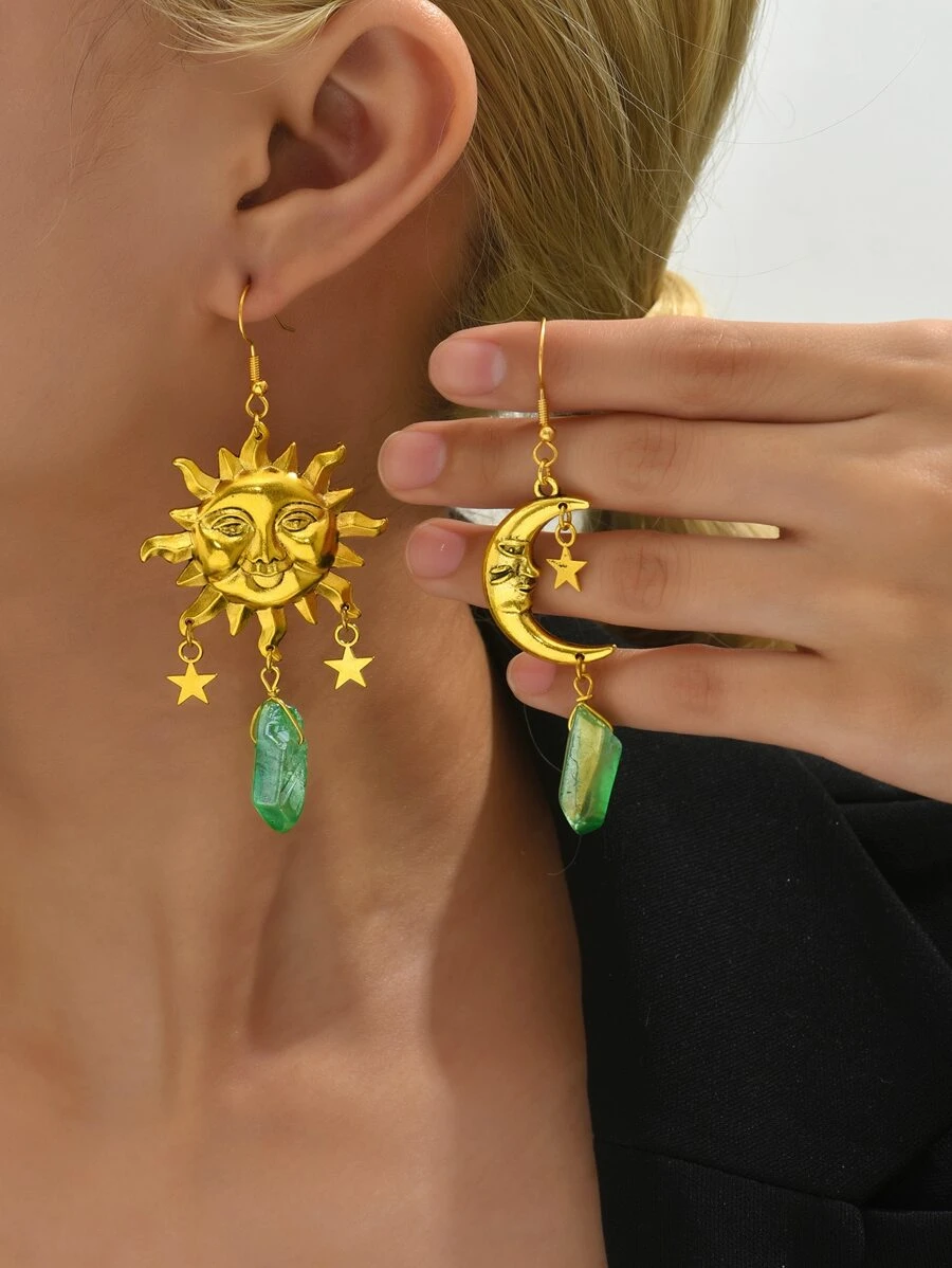 Hoa tai giọt nước trang trí mặt trời và mặt trăng không phù hợp - màu xanh lá - Xem 1