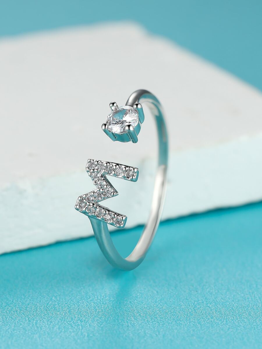 Rhinestone Letter Decor Cuff Ring Hot Fashion A-Z Alphabet Rings Initial Rings Wedding Love Rings Bridesmaid Gifts Couple Rings Valentines - White - View 1