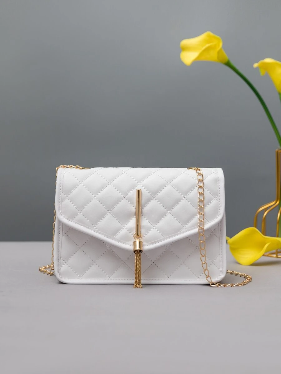Mini Tassel Decor Quilted Flap Chain Square Bag - White - View 1