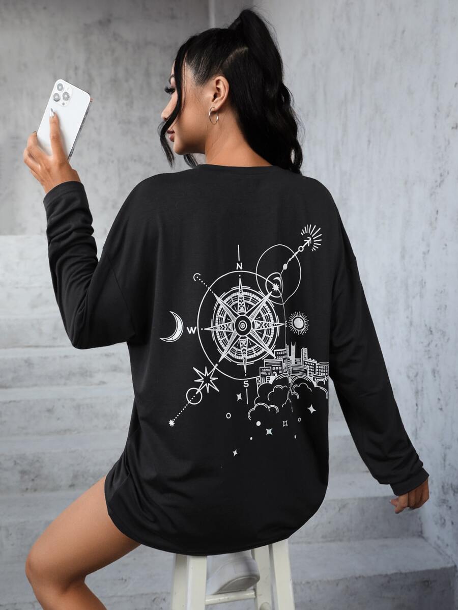 SHEIN EZwear Compass & Planet Print Drop Shoulder Oversized Tee - Black - View 1