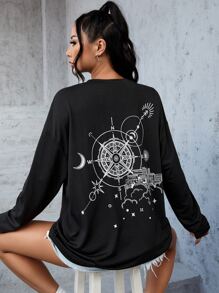 SHEIN EZwear Compass & Planet Print Drop Shoulder Oversized Tee - Black - View 3