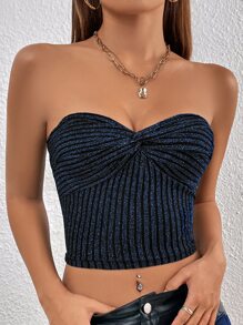 SHEIN BAE 前扭結短款抹胸上衣 - 藏蓝色 - 查看 1