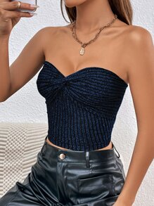 SHEIN BAE 前扭結短款抹胸上衣 - 藏蓝色 - 查看 3