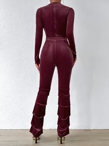 Allurite Cut Out Mock Neck Ruched Hem Velvet Jumpsuit - Maroon - View 2