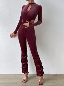 Allurite Cut Out Mock Neck Ruched Hem Velvet Jumpsuit - Maroon - View 3