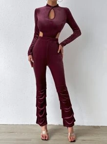 Allurite Cut Out Mock Neck Ruched Hem Velvet Jumpsuit - Maroon - View 4
