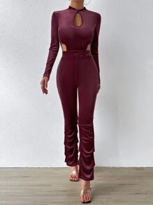 Allurite Cut Out Mock Neck Ruched Hem Velvet Jumpsuit - Maroon - View 5