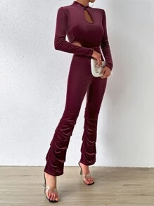 Allurite Cut Out Mock Neck Ruched Hem Velvet Jumpsuit - Maroon - View 6