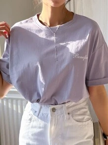 DAZY Letter Graphic Drop Shoulder Tee - Lilac Purple - View 2