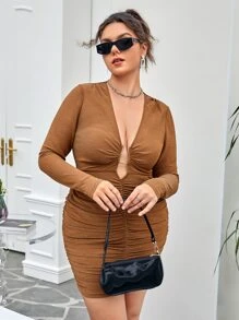 SHEIN SXY Vestido ajustado de cuello profundo fruncido de malla - Marrón - Ver 4