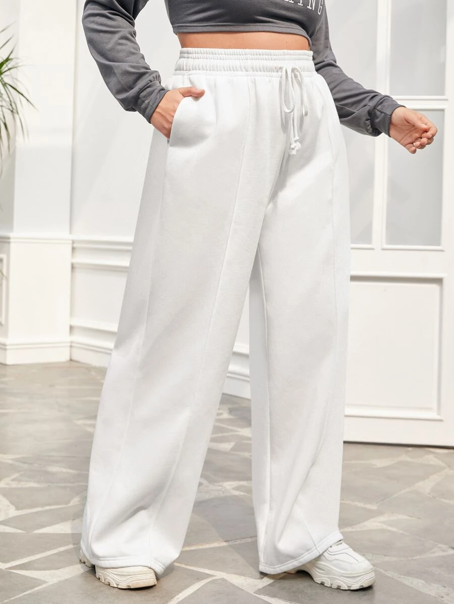 SHEIN EZwear Plus Drawstring Waist Wide Leg Trousers - White - View 1
