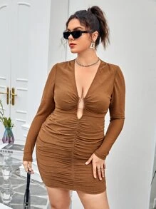 SHEIN SXY Vestido ajustado de cuello profundo fruncido de malla - Marrón - Ver 6