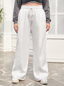 SHEIN EZwear Plus Drawstring Waist Wide Leg Trousers - White - View 3