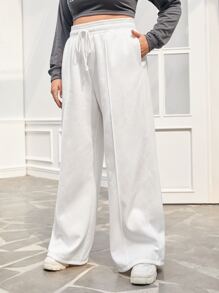 SHEIN EZwear Plus Drawstring Waist Wide Leg Trousers - White - View 4