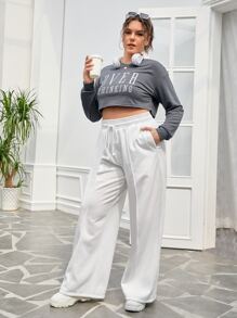SHEIN EZwear Plus Drawstring Waist Wide Leg Trousers - White - View 5